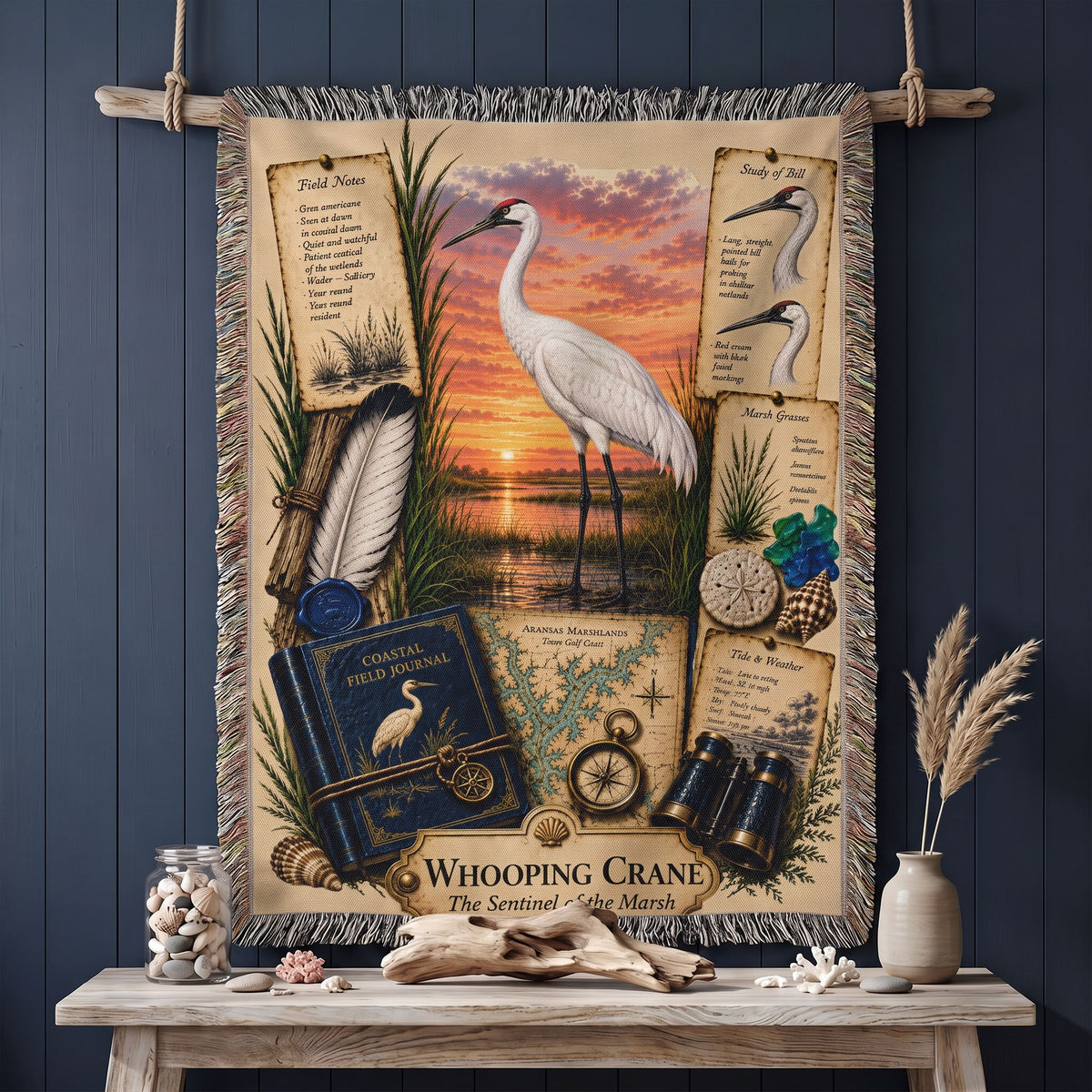 Whooping Crane Woven Throw Blanket | Coastal Bird Decor | Cotton Tapestry Throw | Naturalist Journal Gift