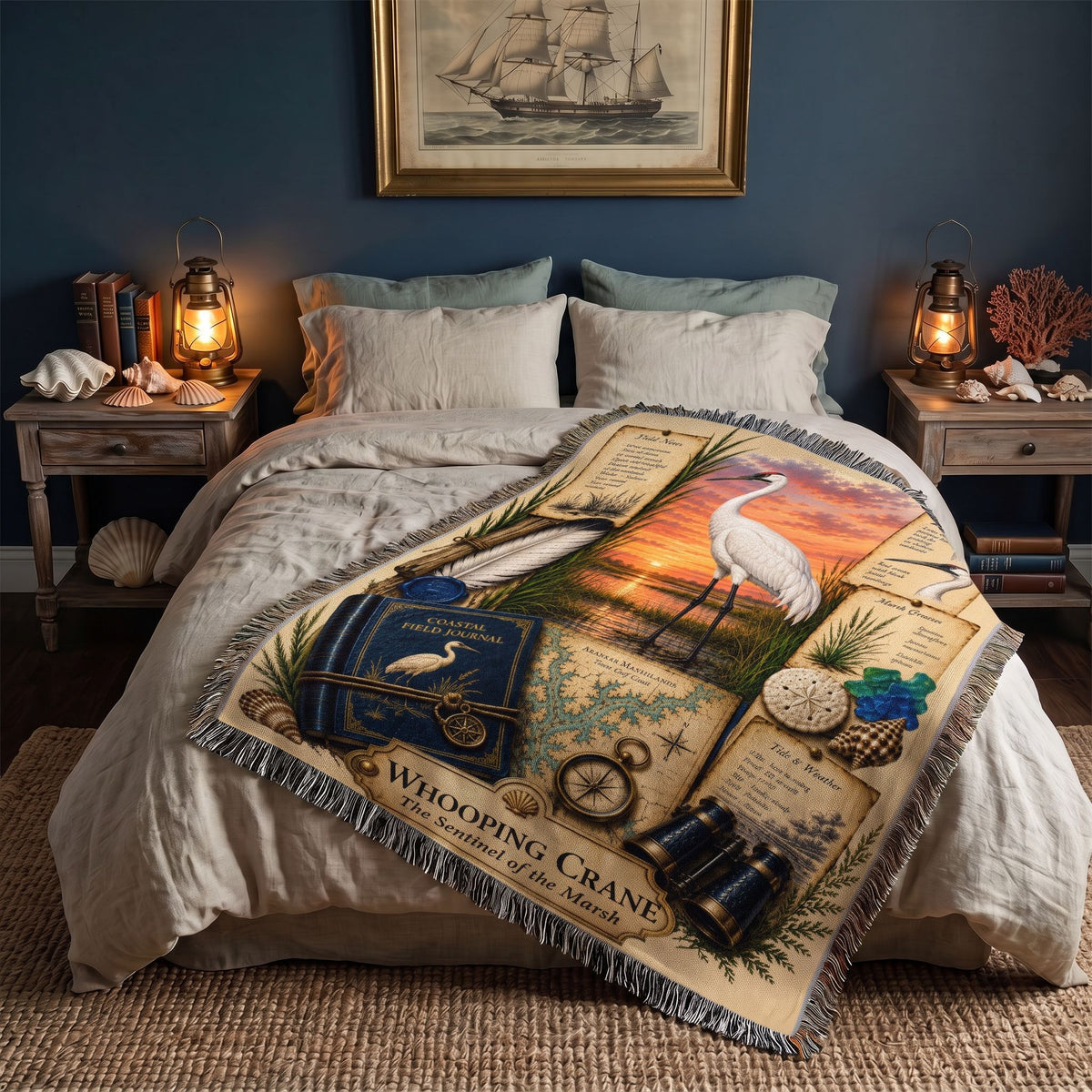Whooping Crane Woven Throw Blanket | Coastal Bird Decor | Cotton Tapestry Throw | Naturalist Journal Gift