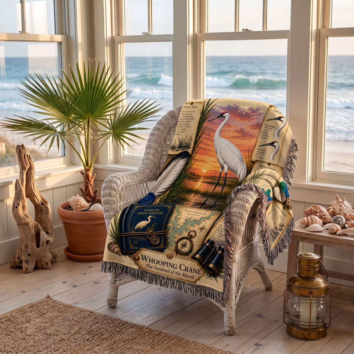 Whooping Crane Woven Throw Blanket | Coastal Bird Decor | Cotton Tapestry Throw | Naturalist Journal Gift