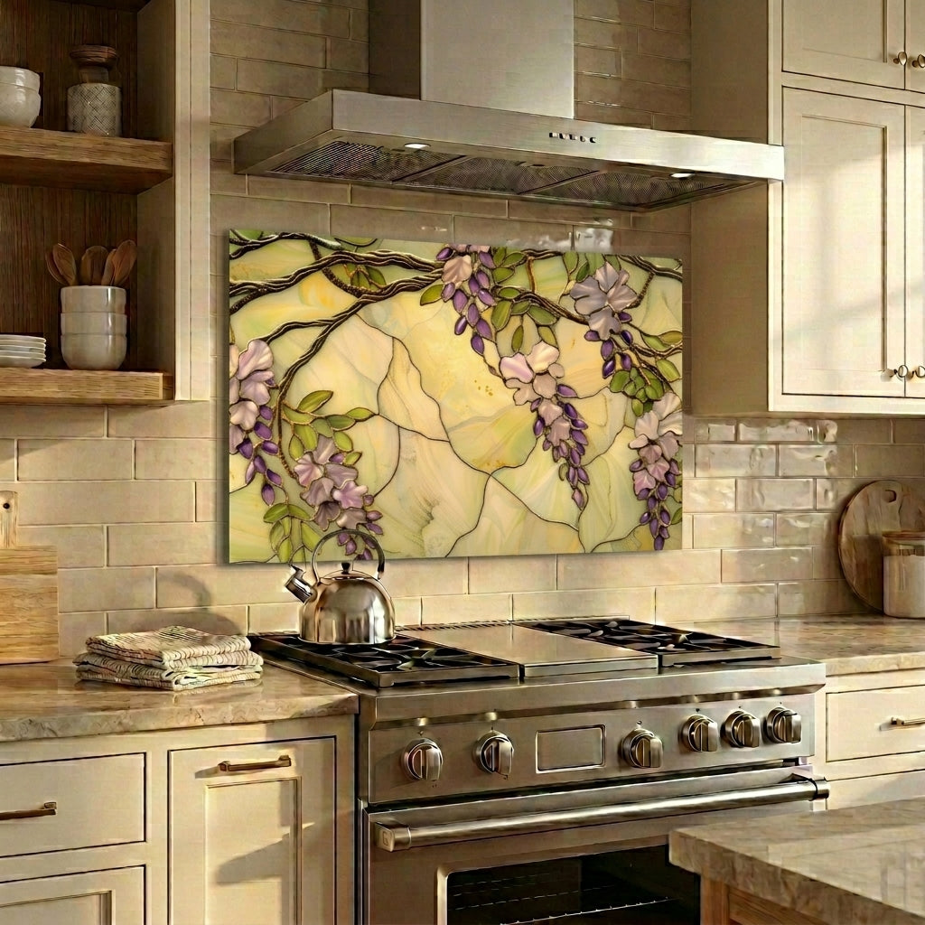 Wisteria Metal Kitchen Backsplash Panel, Stained Glass Inspired Wall Art