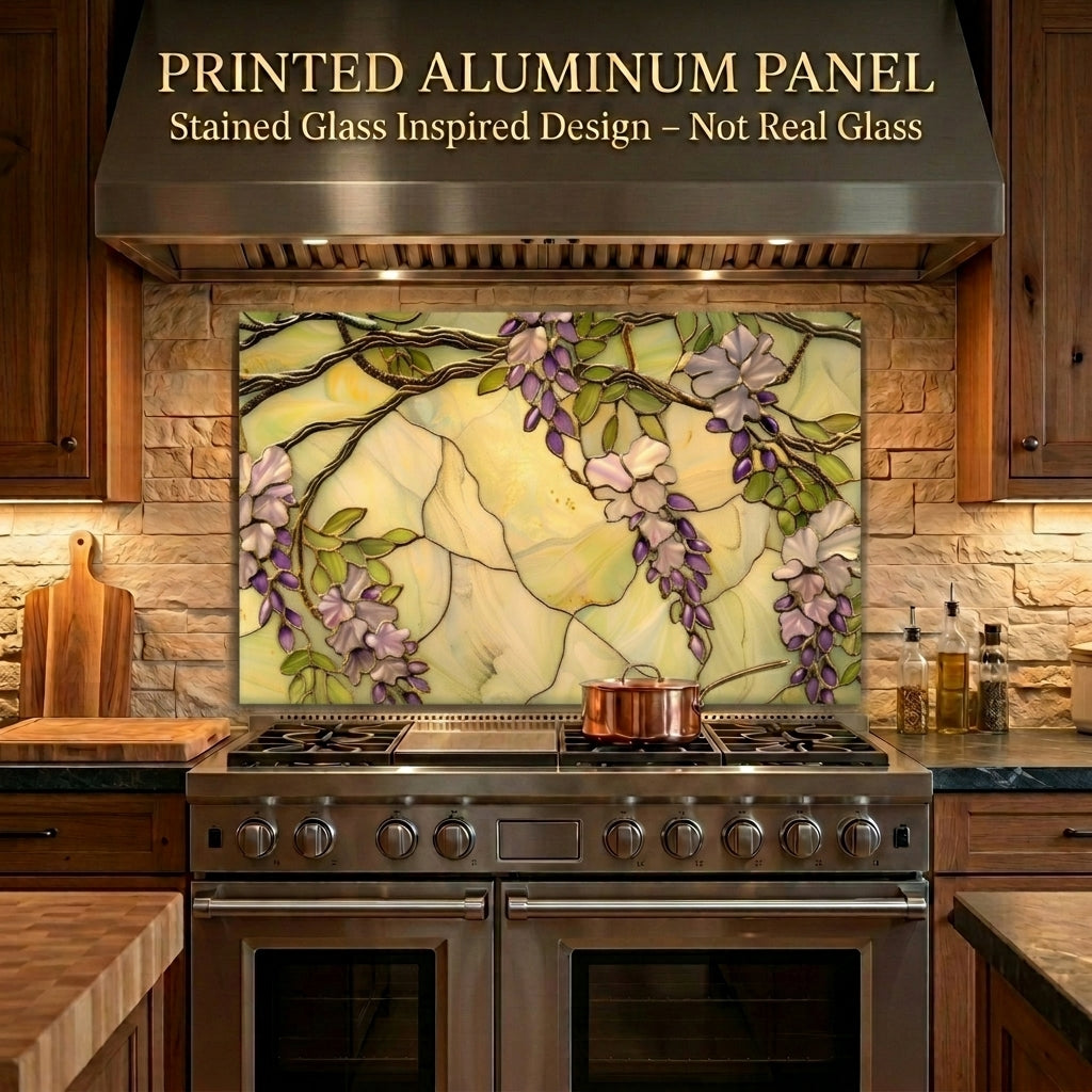 Wisteria Metal Kitchen Backsplash Panel, Stained Glass Inspired Wall Art