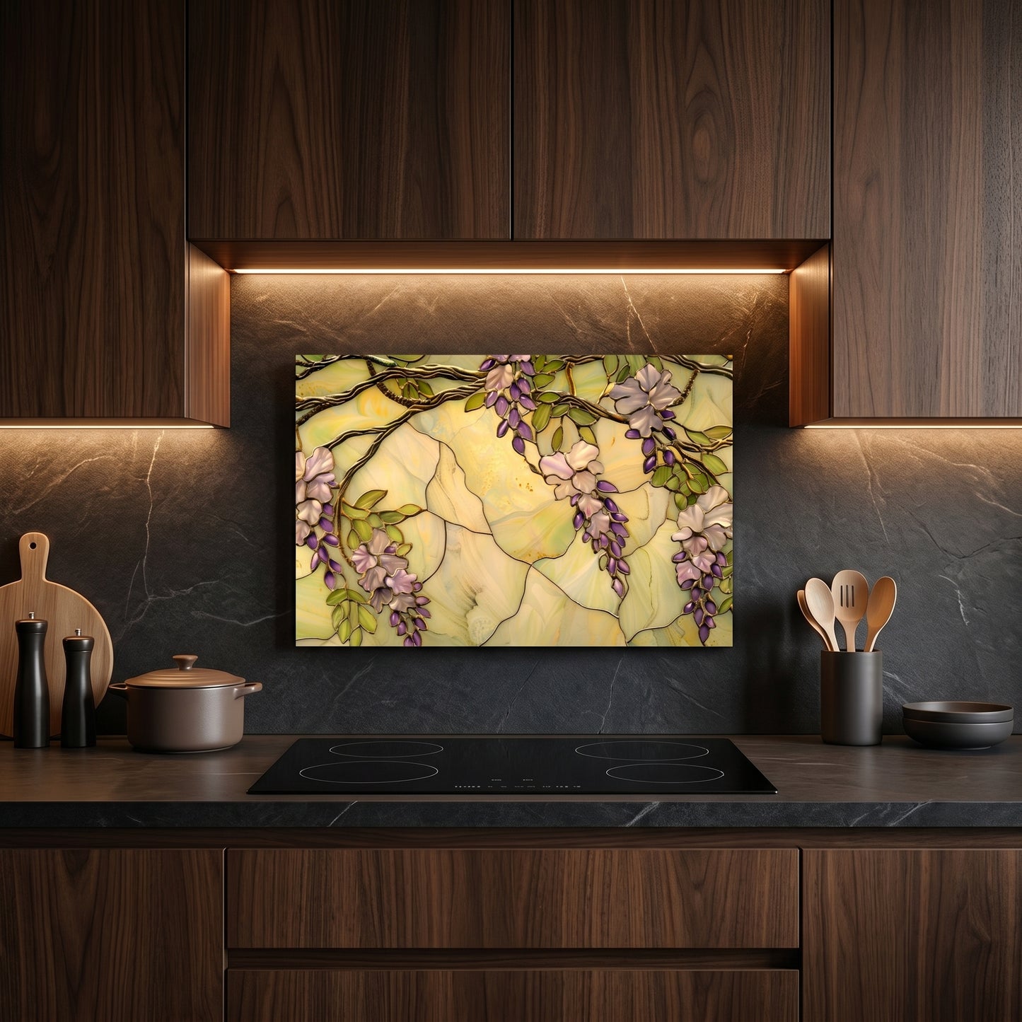 Wisteria Metal Kitchen Backsplash Panel, Stained Glass Inspired Wall Art