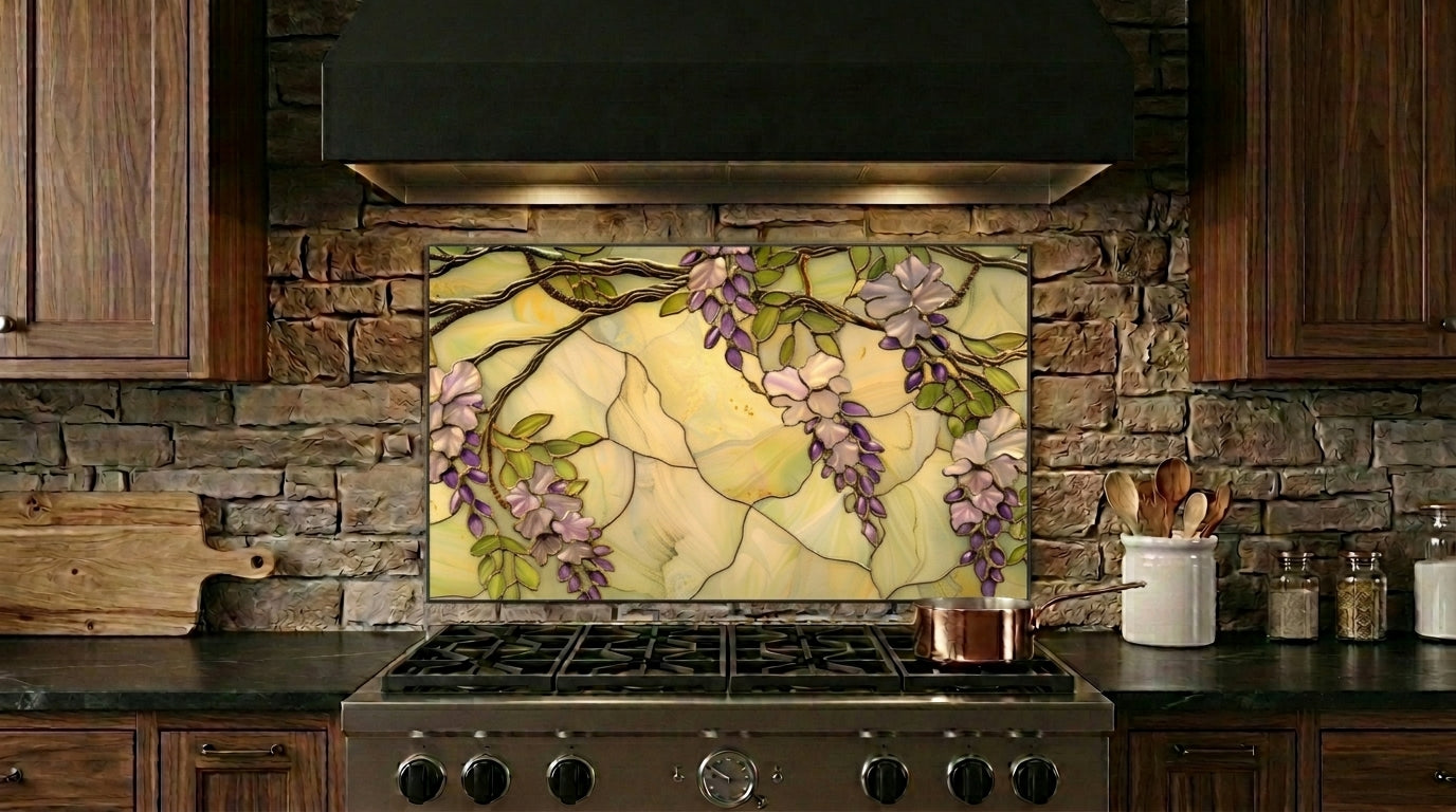 Wisteria Metal Kitchen Backsplash Panel, Stained Glass Inspired Wall Art
