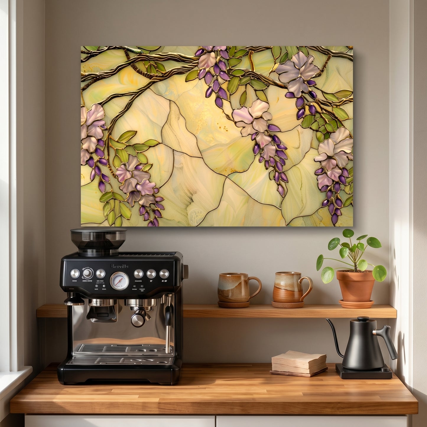 Wisteria Metal Kitchen Backsplash Panel, Stained Glass Inspired Wall Art