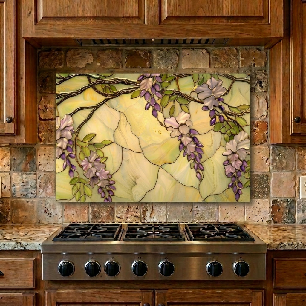 Wisteria Metal Kitchen Backsplash Panel, Stained Glass Inspired Wall Art