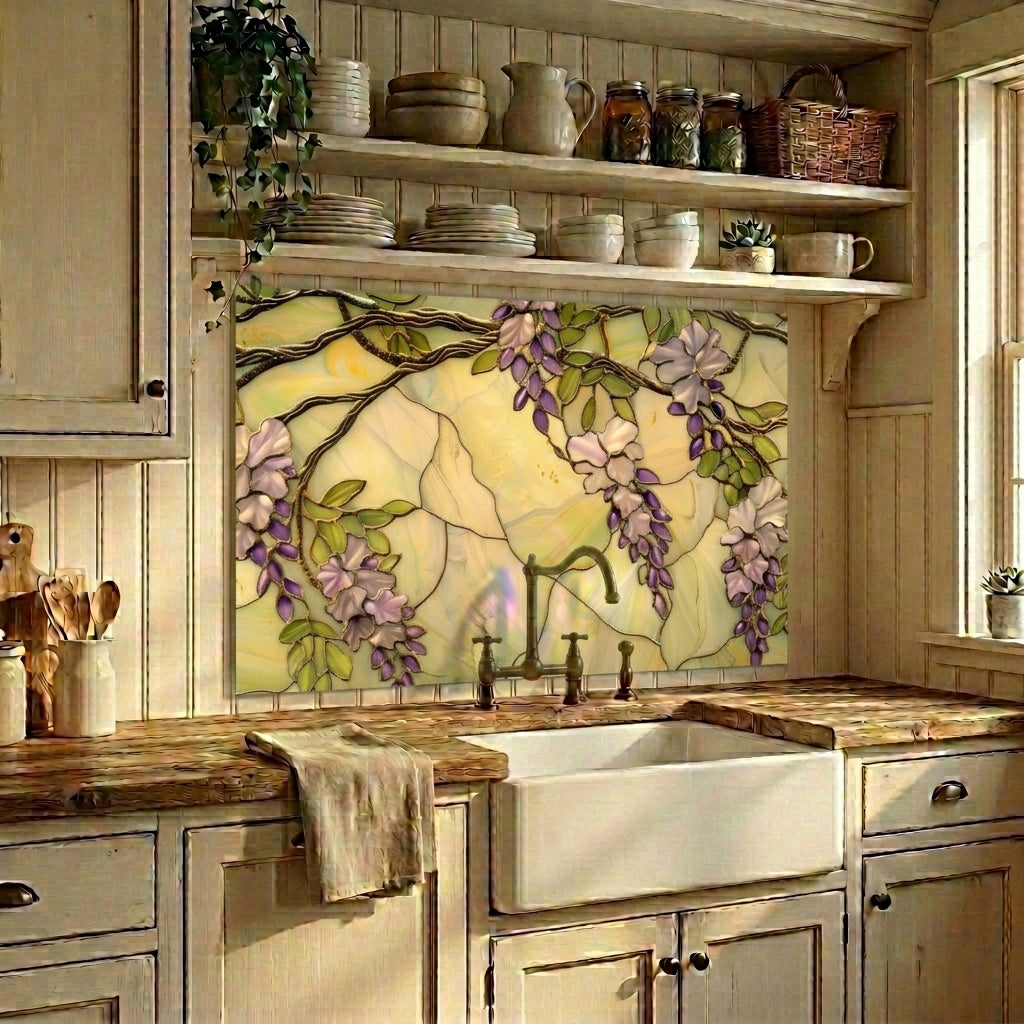 Wisteria Metal Kitchen Backsplash Panel, Stained Glass Inspired Wall Art