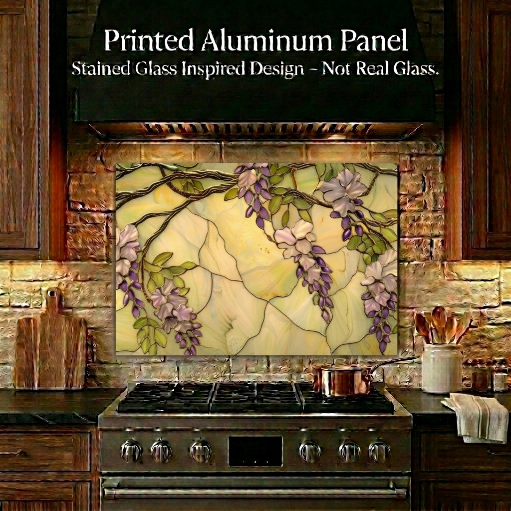 Wisteria Metal Kitchen Backsplash Panel, Stained Glass Inspired Wall Art