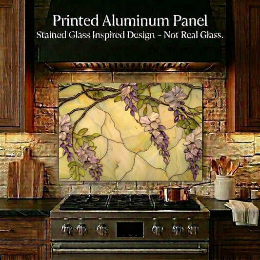 Wisteria Metal Kitchen Backsplash Panel, Stained Glass Inspired Wall Art