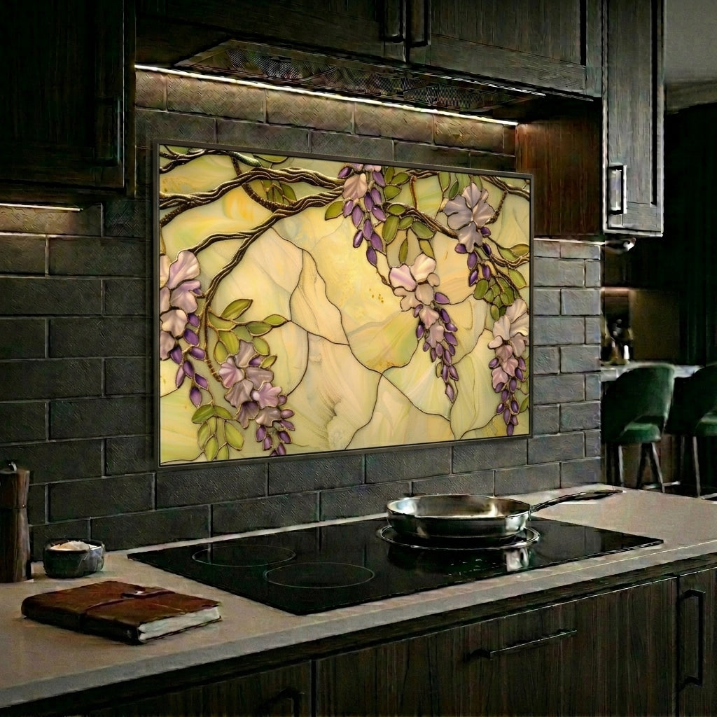 Wisteria Metal Kitchen Backsplash Panel, Stained Glass Inspired Wall Art