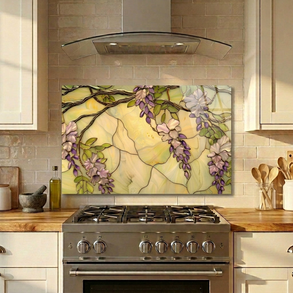 Wisteria Metal Kitchen Backsplash Panel, Stained Glass Inspired Wall Art