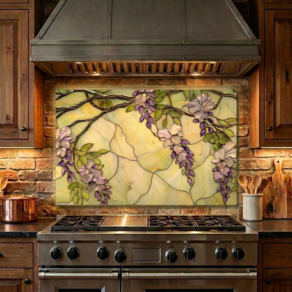 Wisteria Metal Kitchen Backsplash Panel, Stained Glass Inspired Wall Art