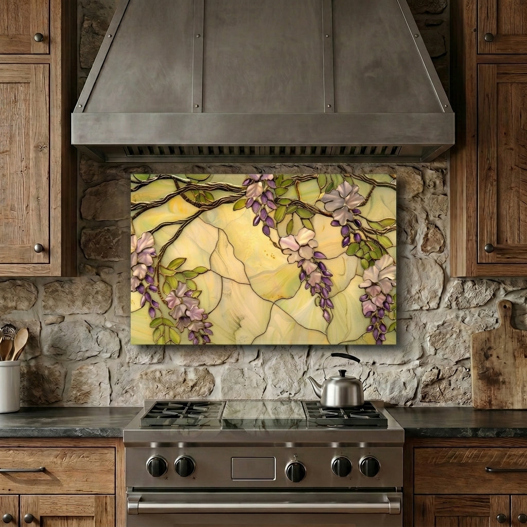 Wisteria Metal Kitchen Backsplash Panel, Stained Glass Inspired Wall Art