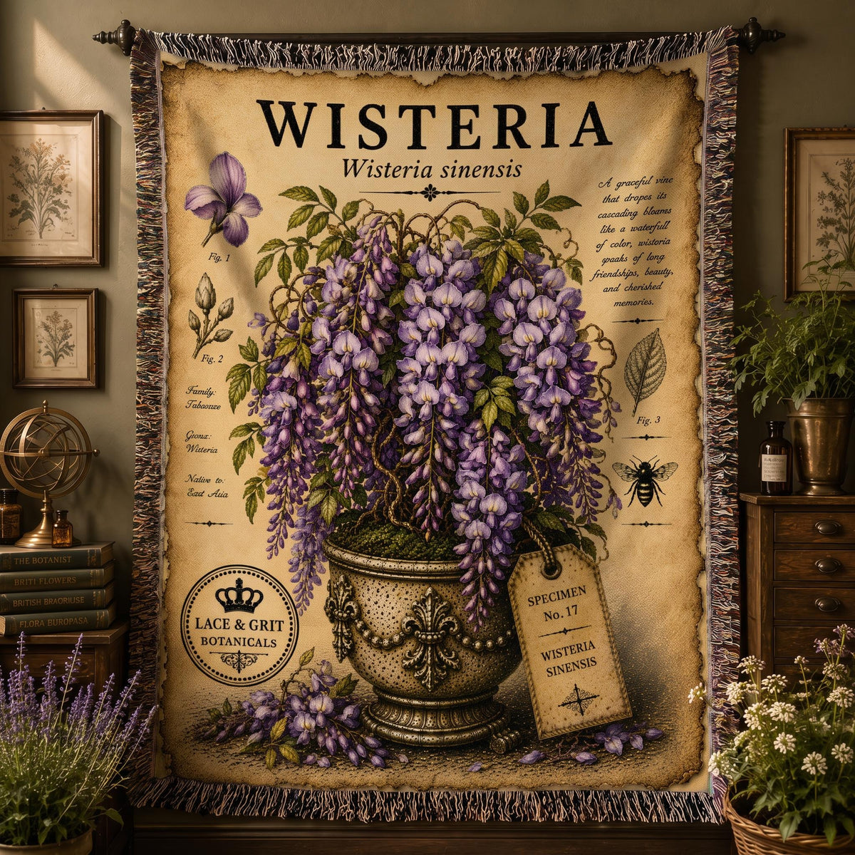 Wisteria Woven Throw Blanket, Botanical Garden Decor, Cotton Tapestry Throw, English Cottage Floral Gift