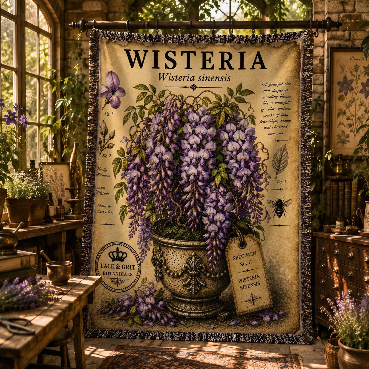 Wisteria Woven Throw Blanket, Botanical Garden Decor, Cotton Tapestry Throw, English Cottage Floral Gift