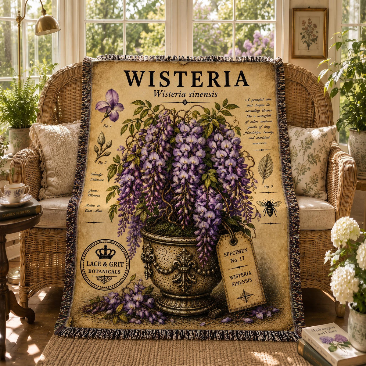 Wisteria Woven Throw Blanket, Botanical Garden Decor, Cotton Tapestry Throw, English Cottage Floral Gift