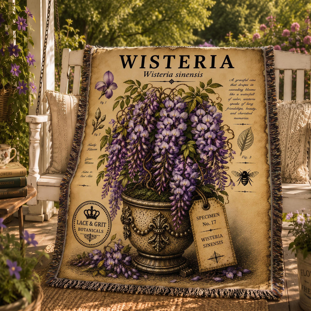 Wisteria Woven Throw Blanket, Botanical Garden Decor, Cotton Tapestry Throw, English Cottage Floral Gift