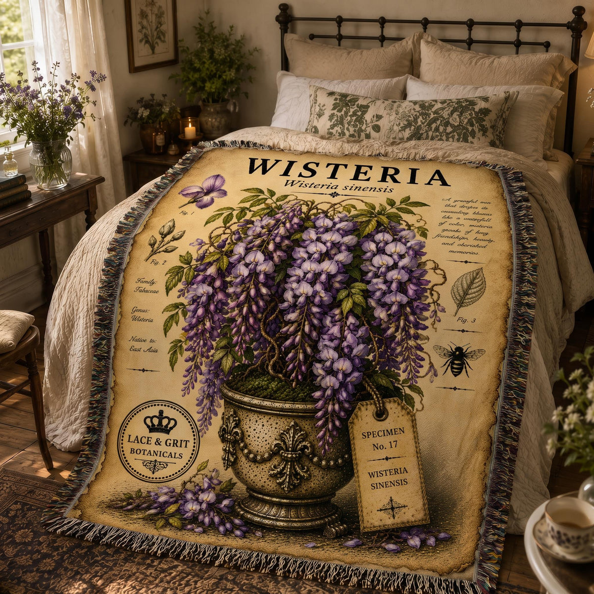 Wisteria Woven Throw Blanket, Botanical Garden Decor, Cotton Tapestry Throw, English Cottage Floral Gift