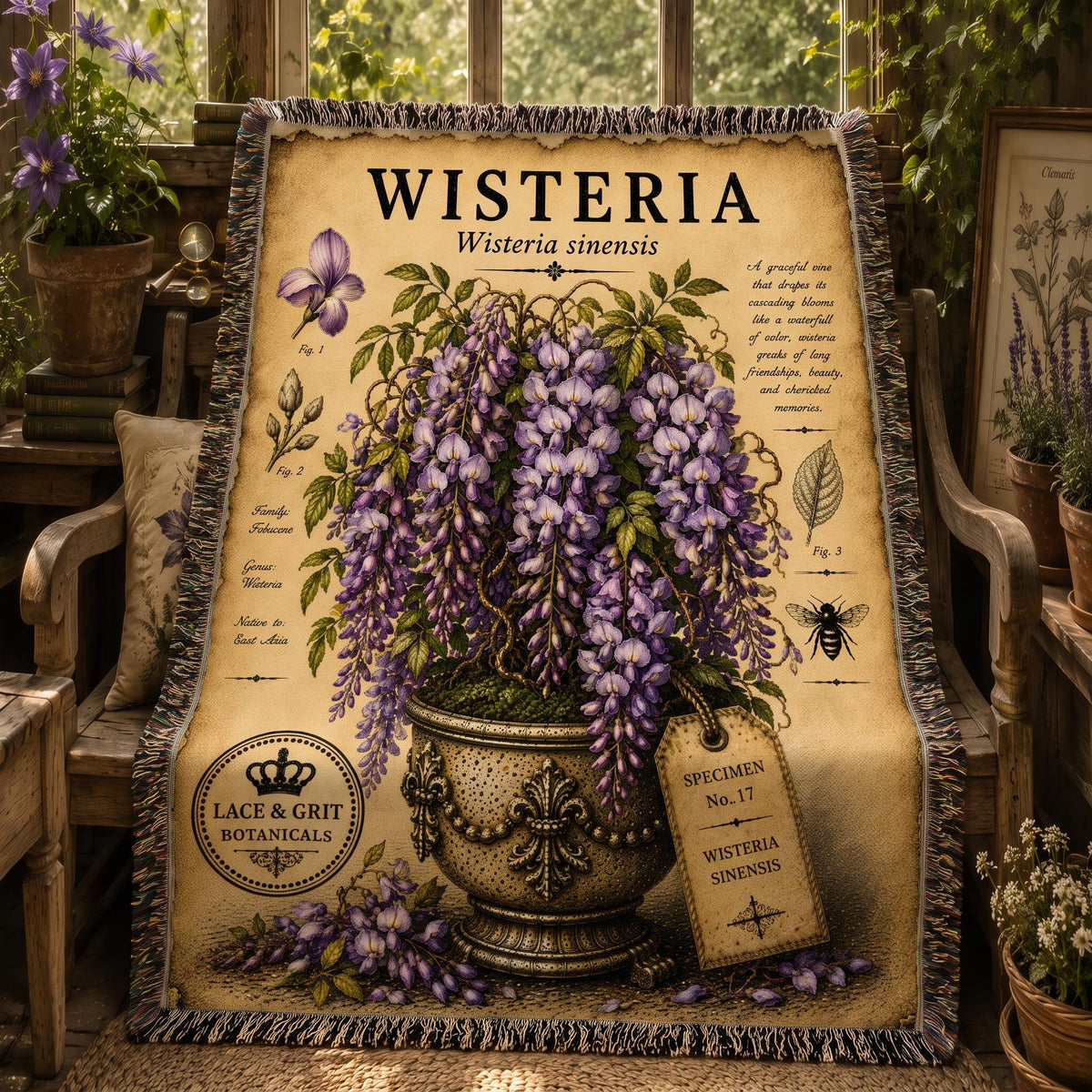 Wisteria Woven Throw Blanket, Botanical Garden Decor, Cotton Tapestry Throw, English Cottage Floral Gift