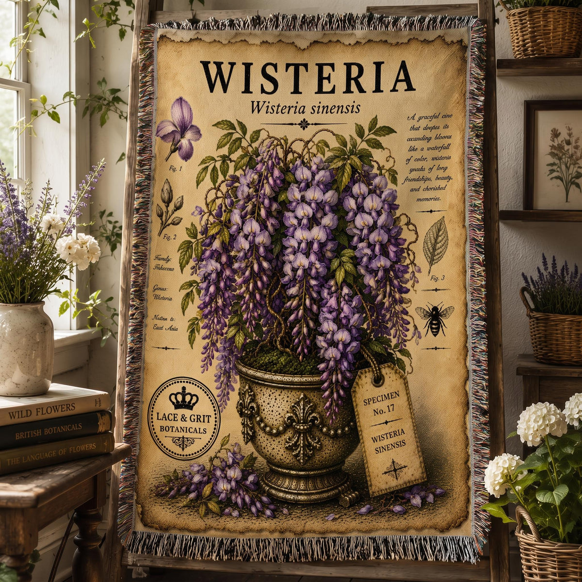 Wisteria Woven Throw Blanket, Botanical Garden Decor, Cotton Tapestry Throw, English Cottage Floral Gift