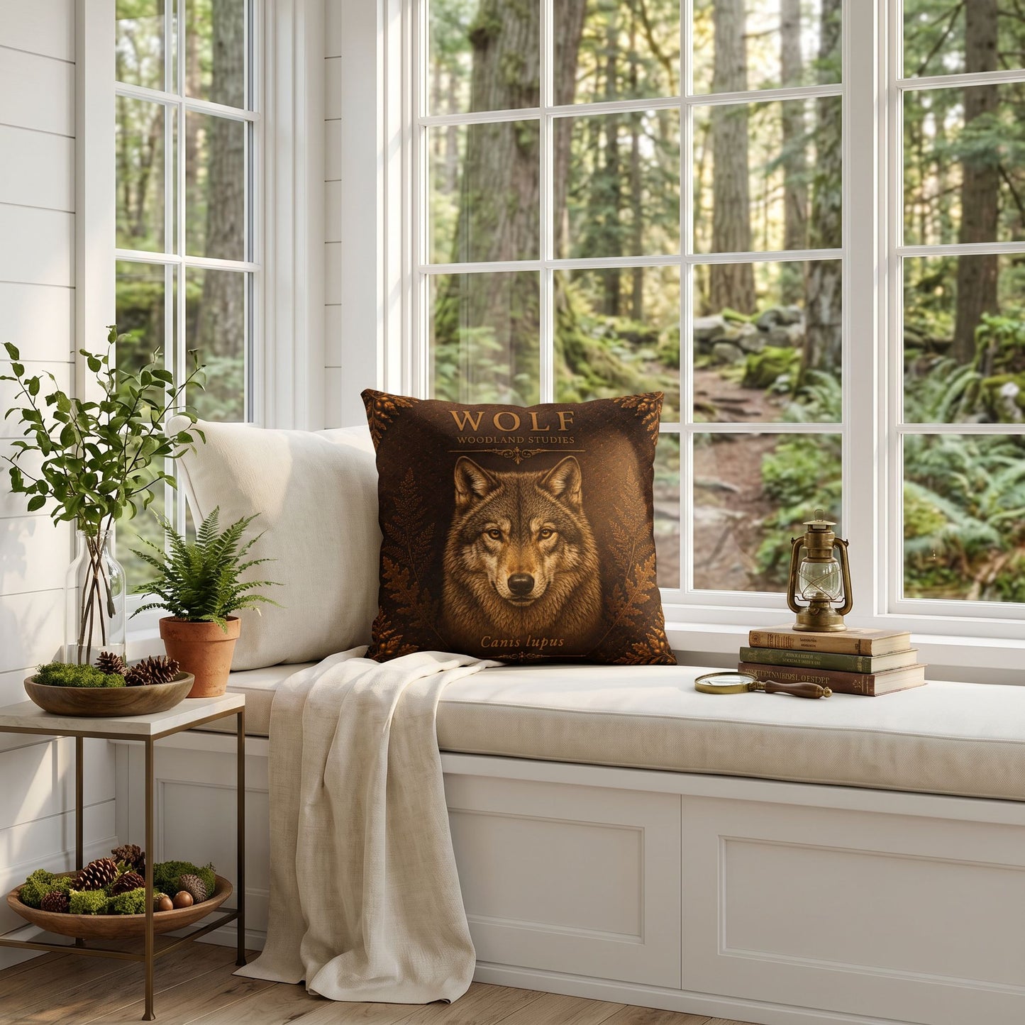 Wolf Woodland Pillow, Rustic Throw Pillow, Cabin Decor Cushion, Lodge Style Accent, Wildlife Home Decor