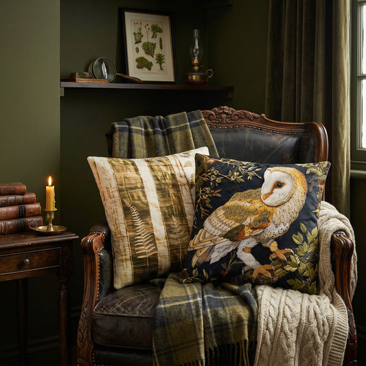 Embroidered Look Barn Owl Pillow | Dark Cottage Woodland Decor