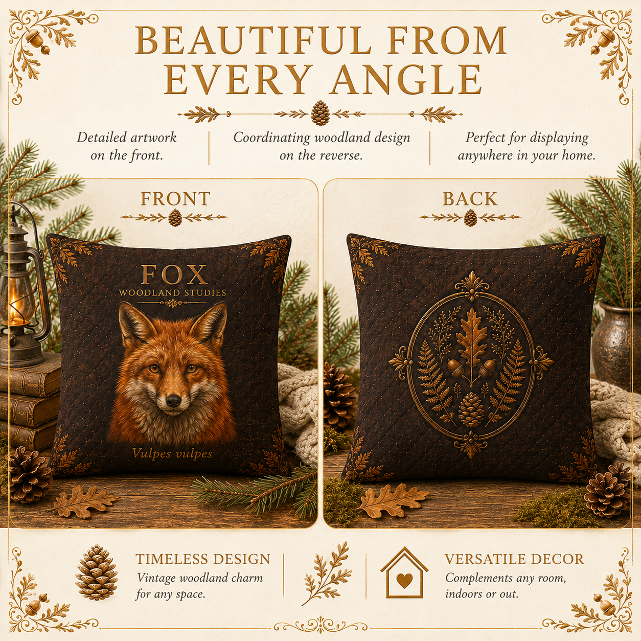 Fox Woodland Pillow, Rustic Throw Pillow, Cabin Decor Cushion, Lodge Style Accent, Wildlife Home Decor