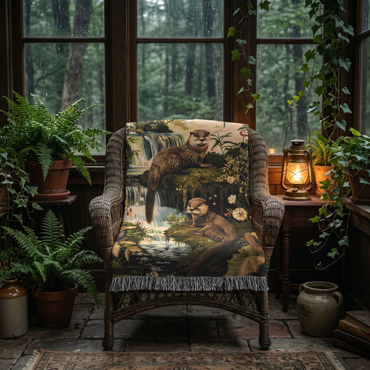Beaded Look River Otter Woven Blanket | Woodland Waterfall Cottage Decor