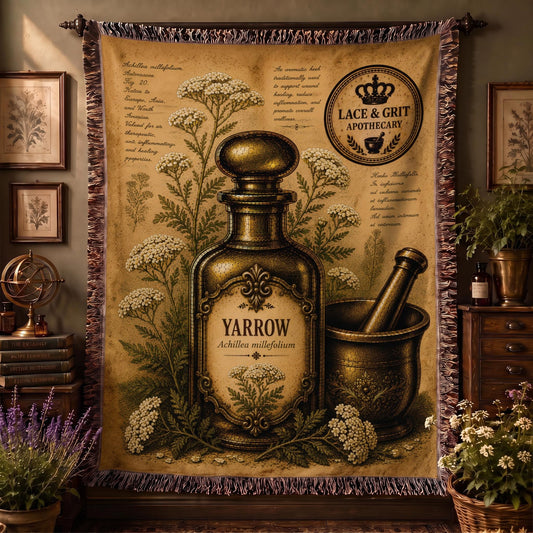 Yarrow Woven Throw Blanket, Botanical Apothecary Decor, Cotton Tapestry Throw, English Cottage Herbal Gift
