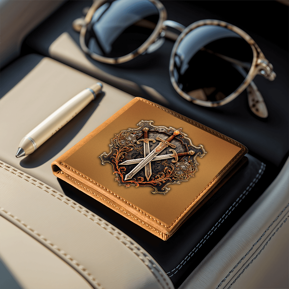 Armory Crossed Swords Embossed Look Genuine Leather Wallet – Medieval Fantasy Gift for Men