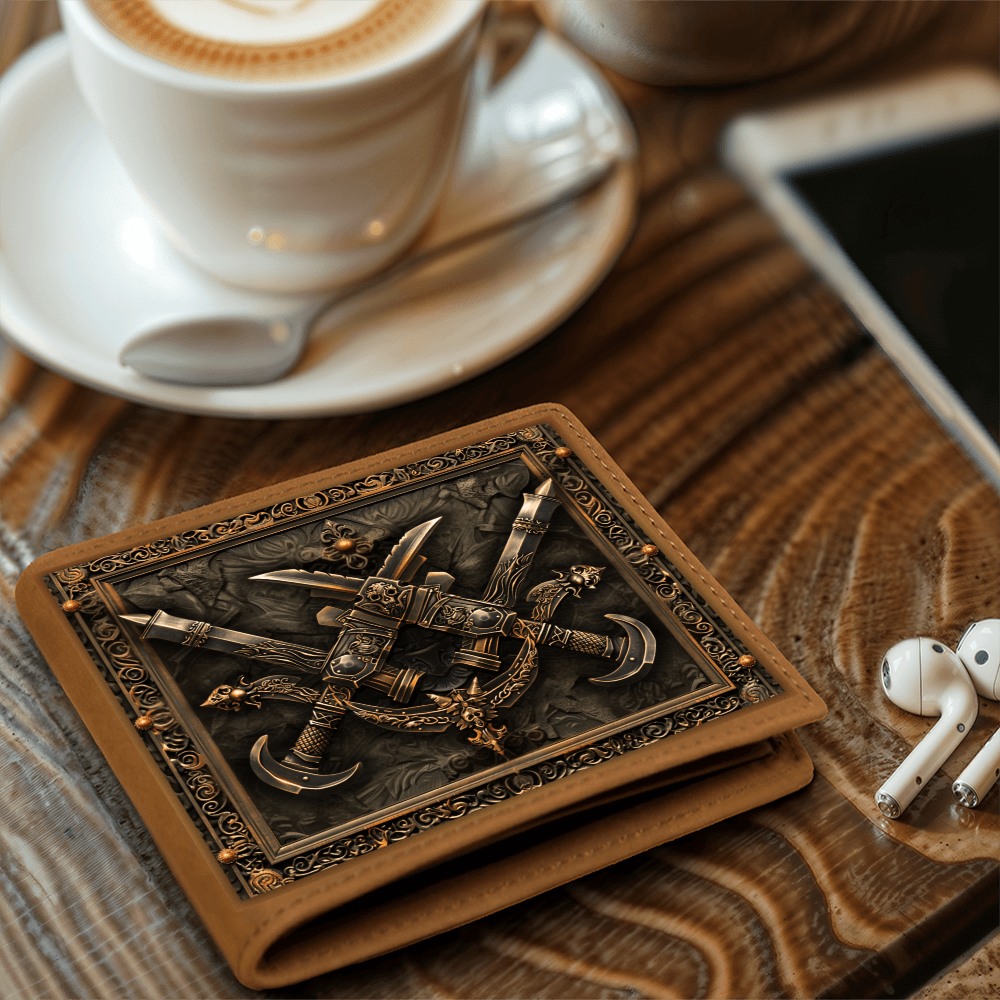 Armory Crossed Daggers Embossed Look Genuine Leather Wallet – Medieval Fantasy Gift for Men