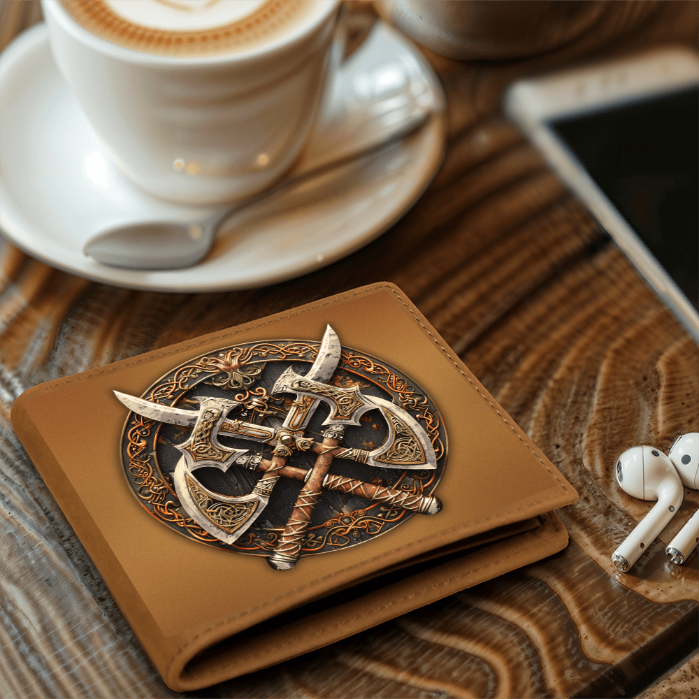 Armory Crossed Axes Embossed Look Genuine Leather Wallet – Medieval Fantasy Gift for Men