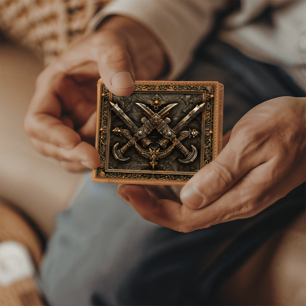 Armory Crossed Daggers Embossed Look Genuine Leather Wallet – Medieval Fantasy Gift for Men