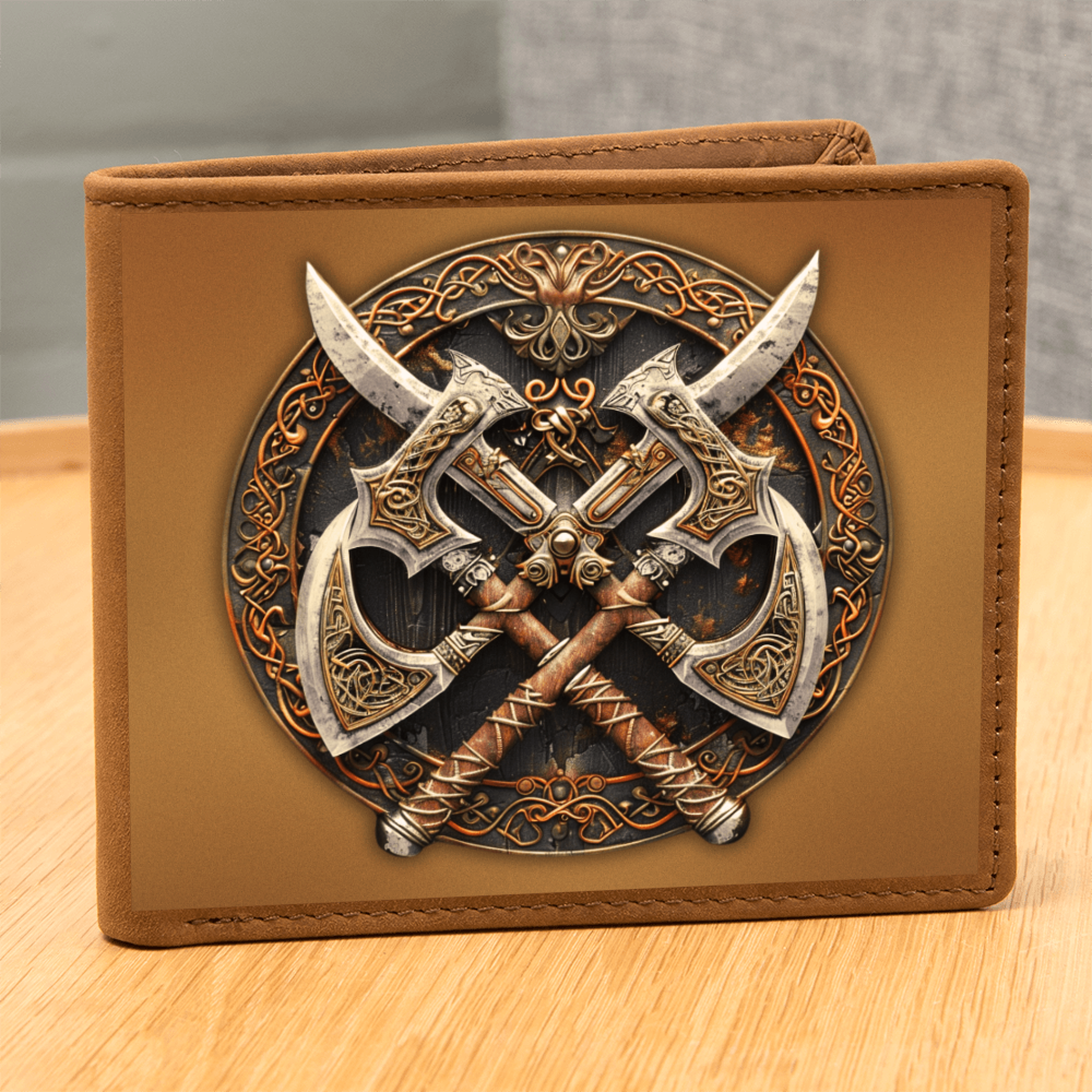 Armory Crossed Axes Embossed Look Genuine Leather Wallet – Medieval Fantasy Gift for Men