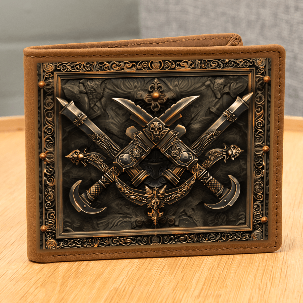 Armory Crossed Daggers Embossed Look Genuine Leather Wallet – Medieval Fantasy Gift for Men