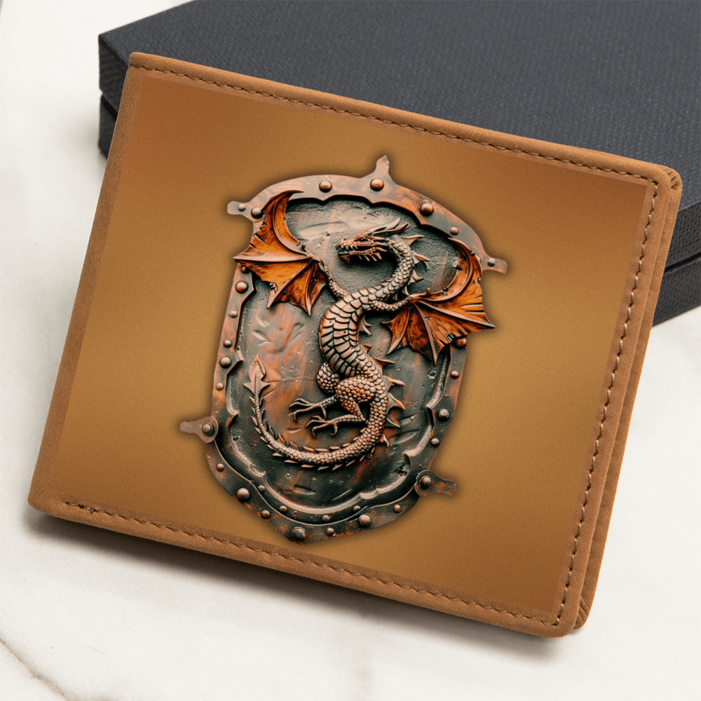 Heraldry Dragon Embossed Look Genuine Leather Wallet – Medieval Fantasy Gift for Men