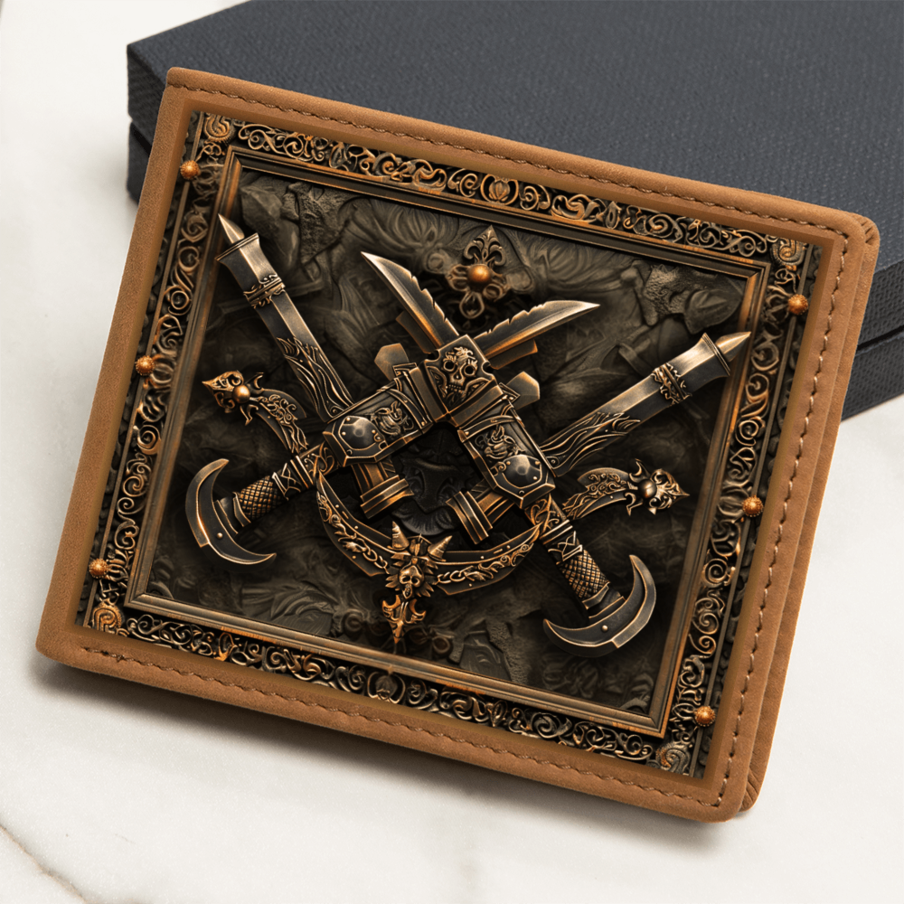 Armory Crossed Daggers Embossed Look Genuine Leather Wallet – Medieval Fantasy Gift for Men