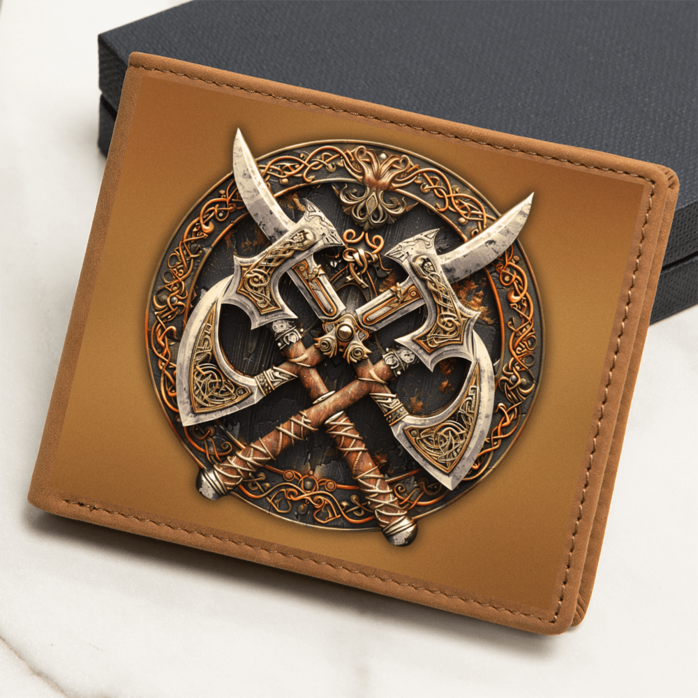 Armory Crossed Axes Embossed Look Genuine Leather Wallet – Medieval Fantasy Gift for Men