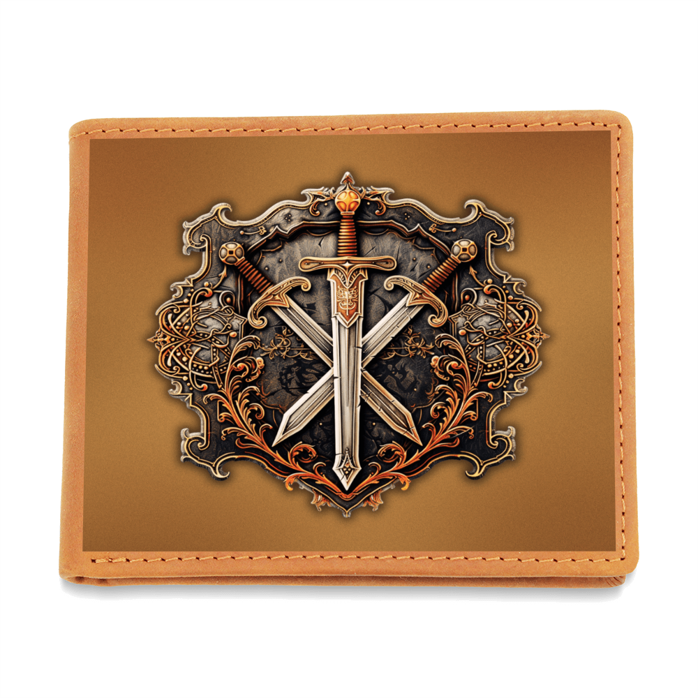 Armory Crossed Swords Embossed Look Genuine Leather Wallet – Medieval Fantasy Gift for Men