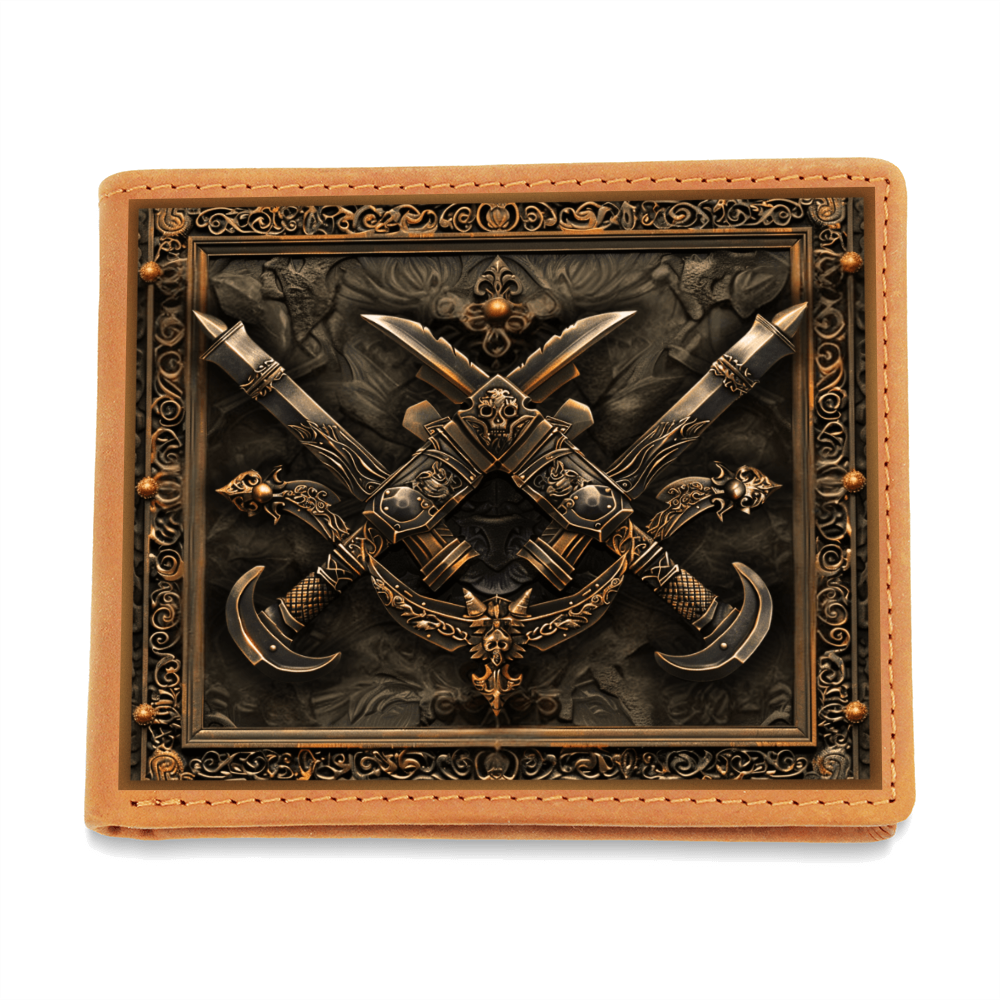Armory Crossed Daggers Embossed Look Genuine Leather Wallet – Medieval Fantasy Gift for Men