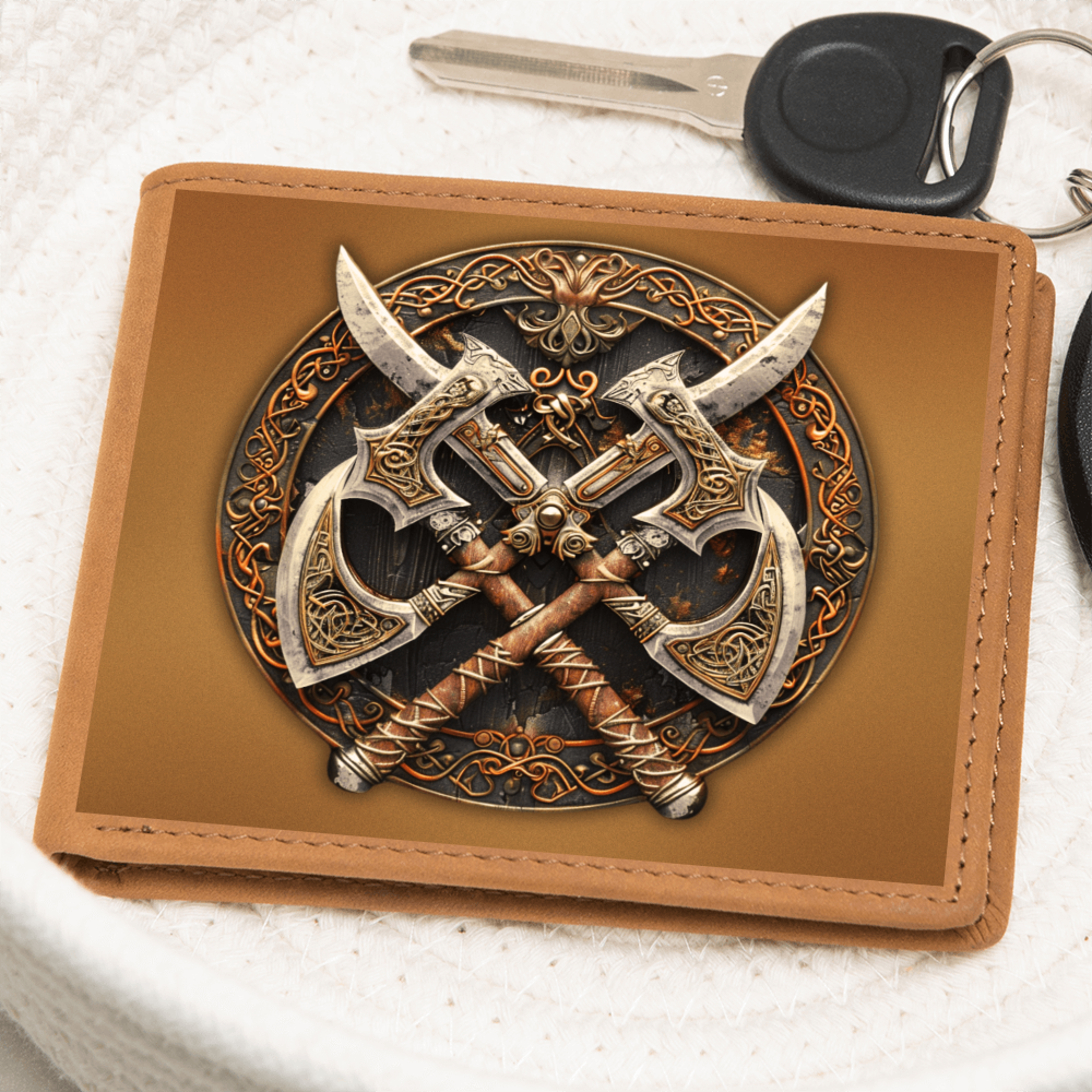 Armory Crossed Axes Embossed Look Genuine Leather Wallet – Medieval Fantasy Gift for Men