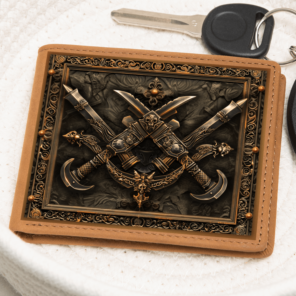 Armory Crossed Daggers Embossed Look Genuine Leather Wallet – Medieval Fantasy Gift for Men