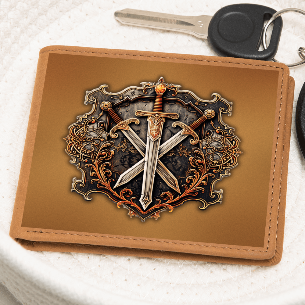 Armory Crossed Swords Embossed Look Genuine Leather Wallet – Medieval Fantasy Gift for Men
