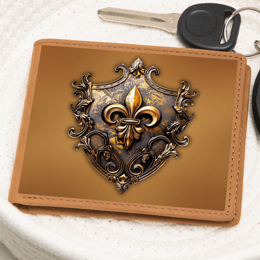 Heraldry Fleur-de-lis Embossed Look Genuine Leather Wallet – Medieval Fantasy Gift for Men