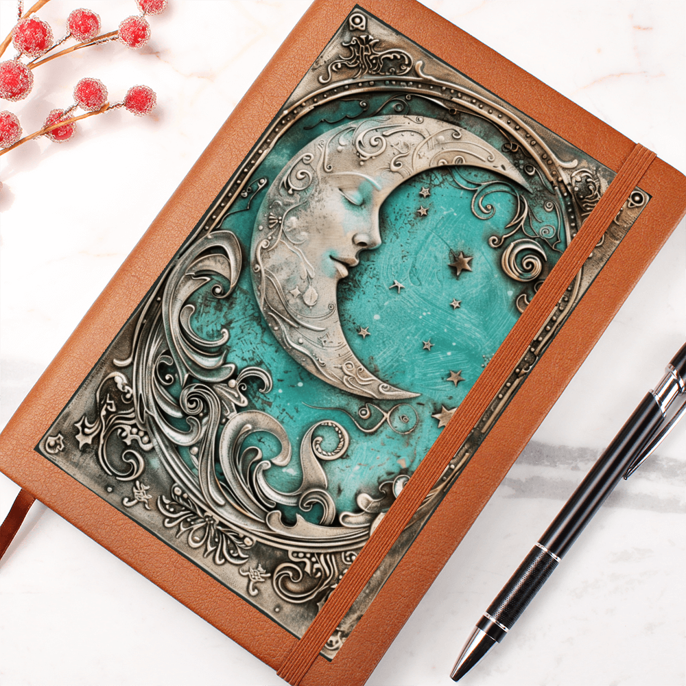 Moon Goddess Vegan Leather Journal – Fantasy Celestial Engraved Look Notebook