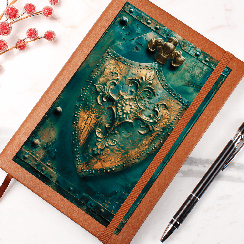 Shield Emblem Vegan Leather Journal – Medieval Fantasy RPG Notebook with Engraved Look