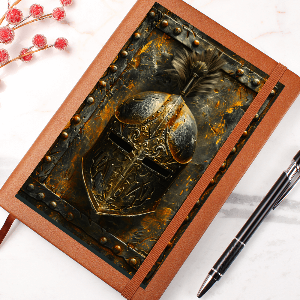 Knight Helmet Vegan Leather Journal – Medieval Fantasy RPG Engraved Look Notebook