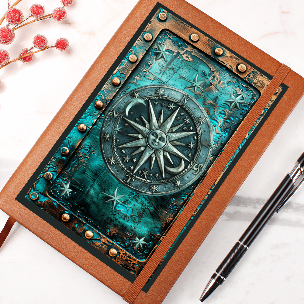 Celestial Compass Vegan Leather Journal – Arcane Fantasy RPG Engraved Look Notebook