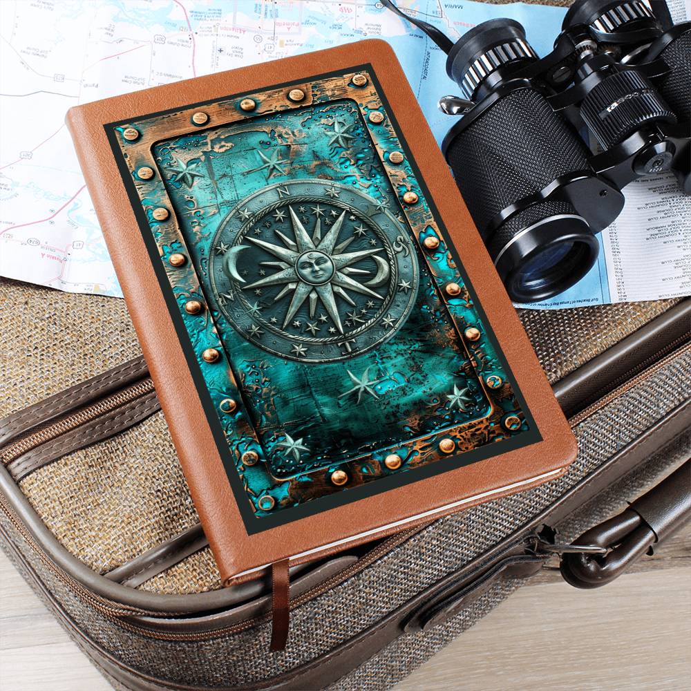Celestial Compass Vegan Leather Journal – Arcane Fantasy RPG Engraved Look Notebook