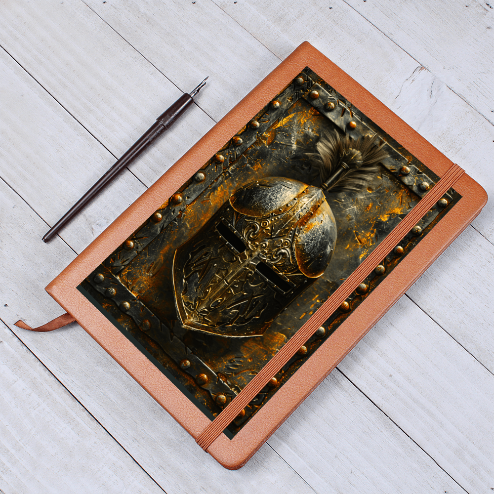 Knight Helmet Vegan Leather Journal – Medieval Fantasy RPG Engraved Look Notebook