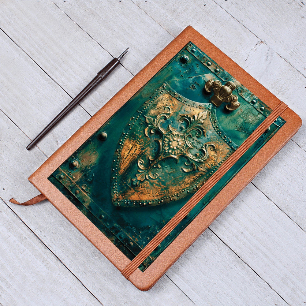 Shield Emblem Vegan Leather Journal – Medieval Fantasy RPG Notebook with Engraved Look